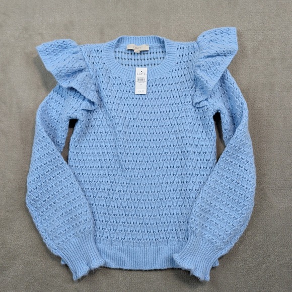 LOFT Coquette Ruffle Shoulder Pointelle Knit Sweater Medium Blue Pastel New — photo 2